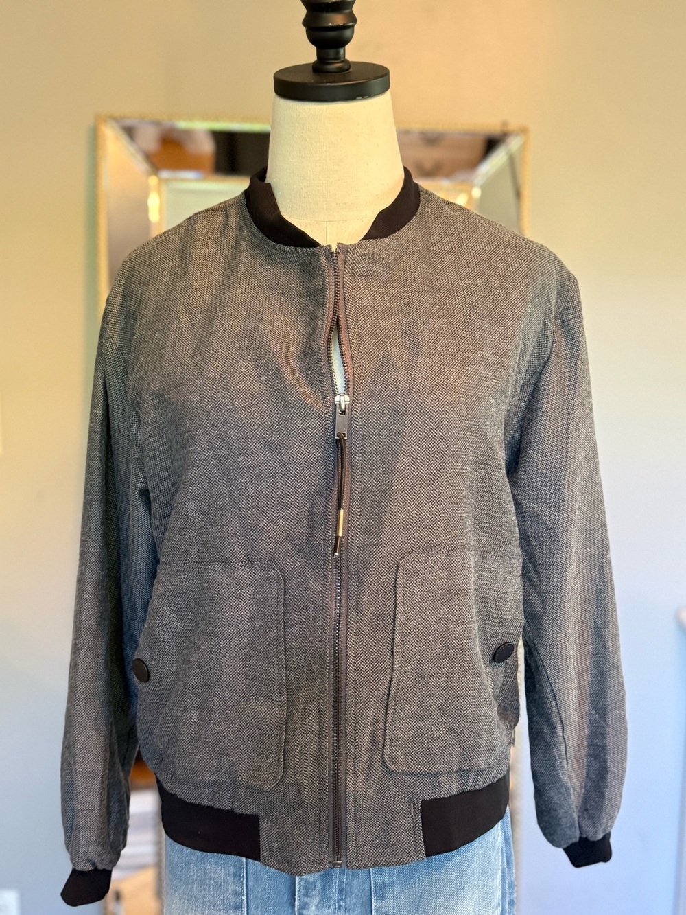 Democracy Herringbone Gray Bomber Jacket with Black Trim Size Small